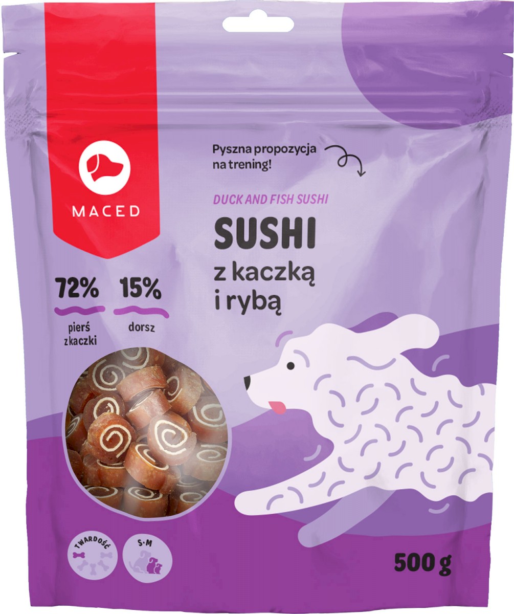 Opakowanie przysmaku dla psa Maced Sushi z kaczką i rybą 500g 