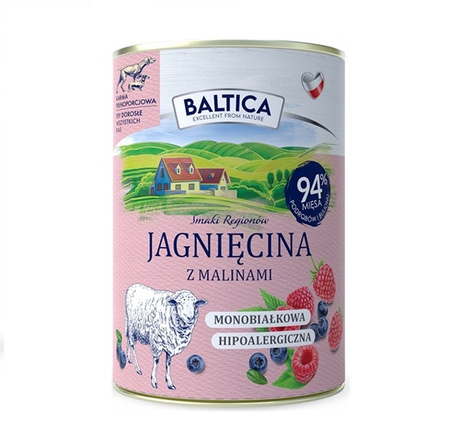 Karma monobiałkowa mokra karma Baltica  jagnięcina z malinami 400g hipoalergiczna