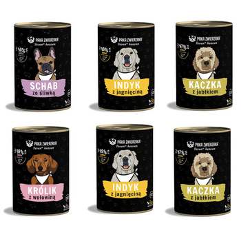 Paka zwierzaka 6x400g schab ze śliwką, indyk z jagnmięciną, kaczka z gruszką, królik z wołowiną