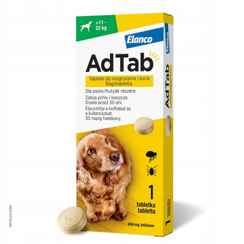 ELANCO AdTab 450 mg – tabletka na pchły i kleszcze dla psów 11–22 kg
